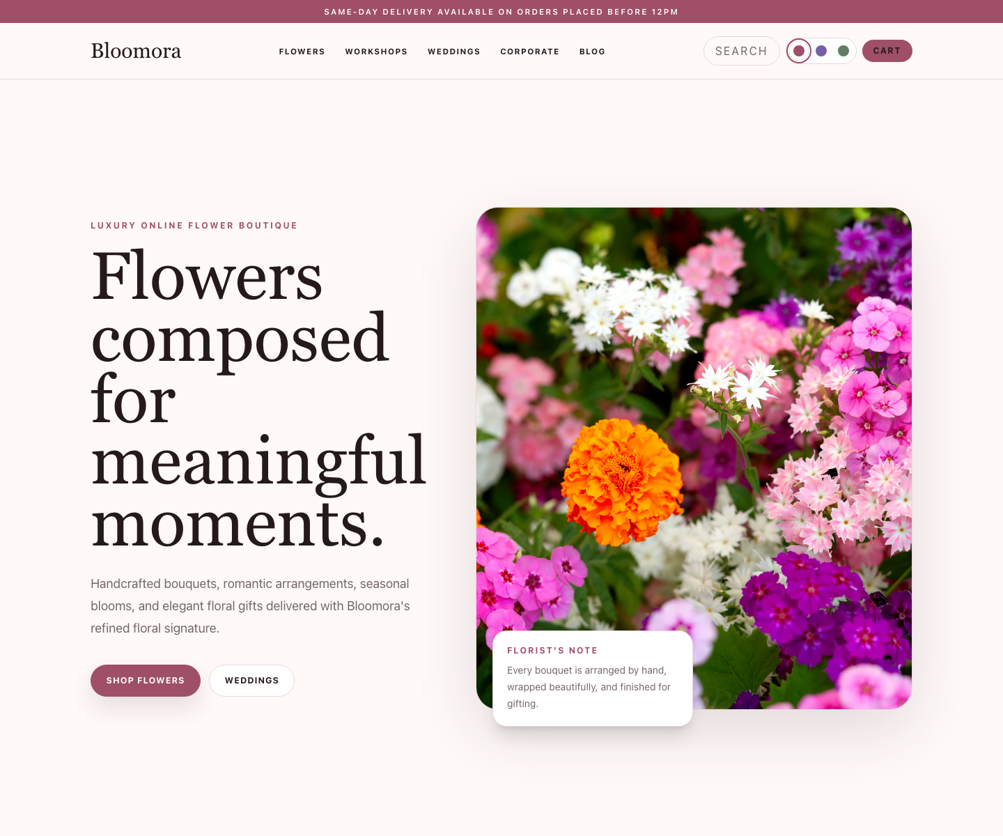 Bloomora Flowers v2 website template screenshot